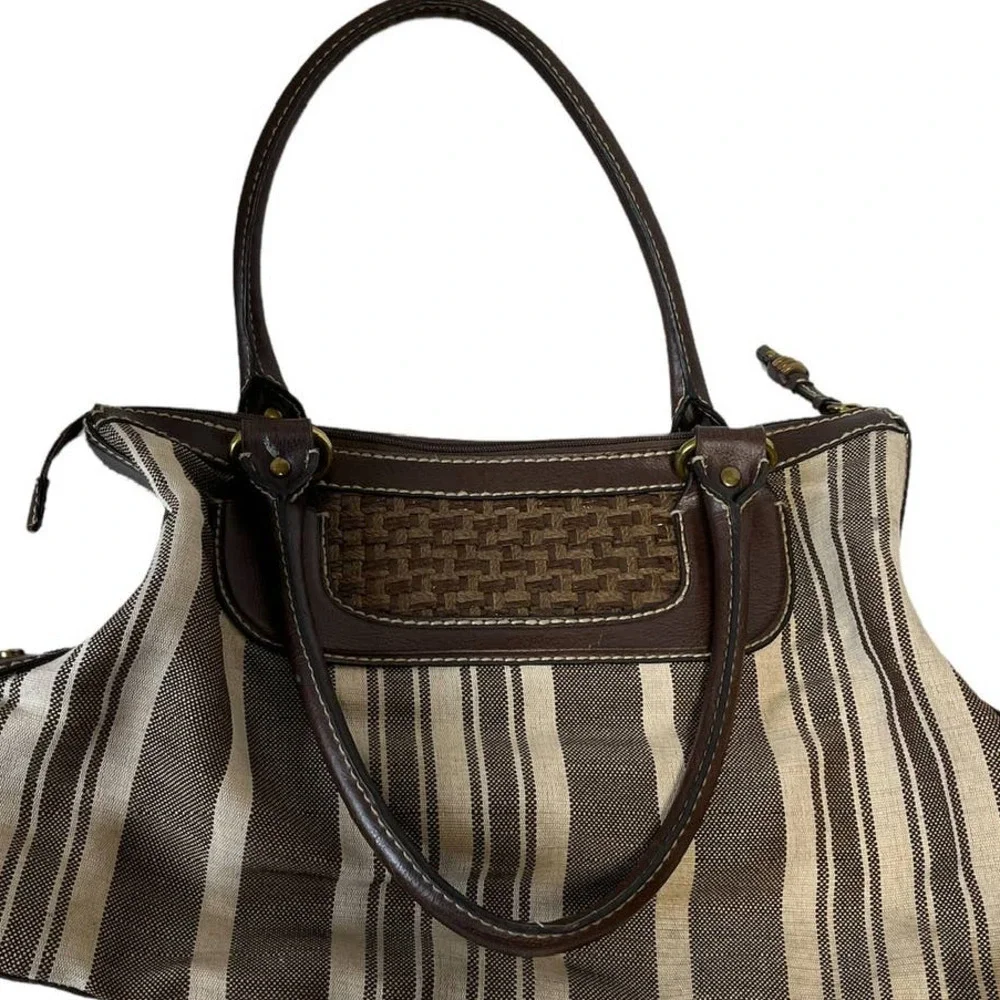 Fossil Large Canvas Brown Vegan Striped Tote Handbag Purse - Picture 6 of 7